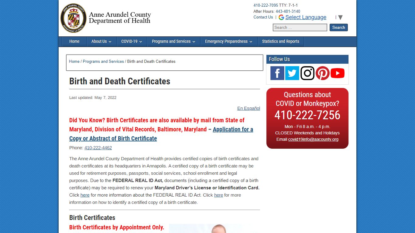 Birth and Death Certificates - Anne Arundel County Department of Health